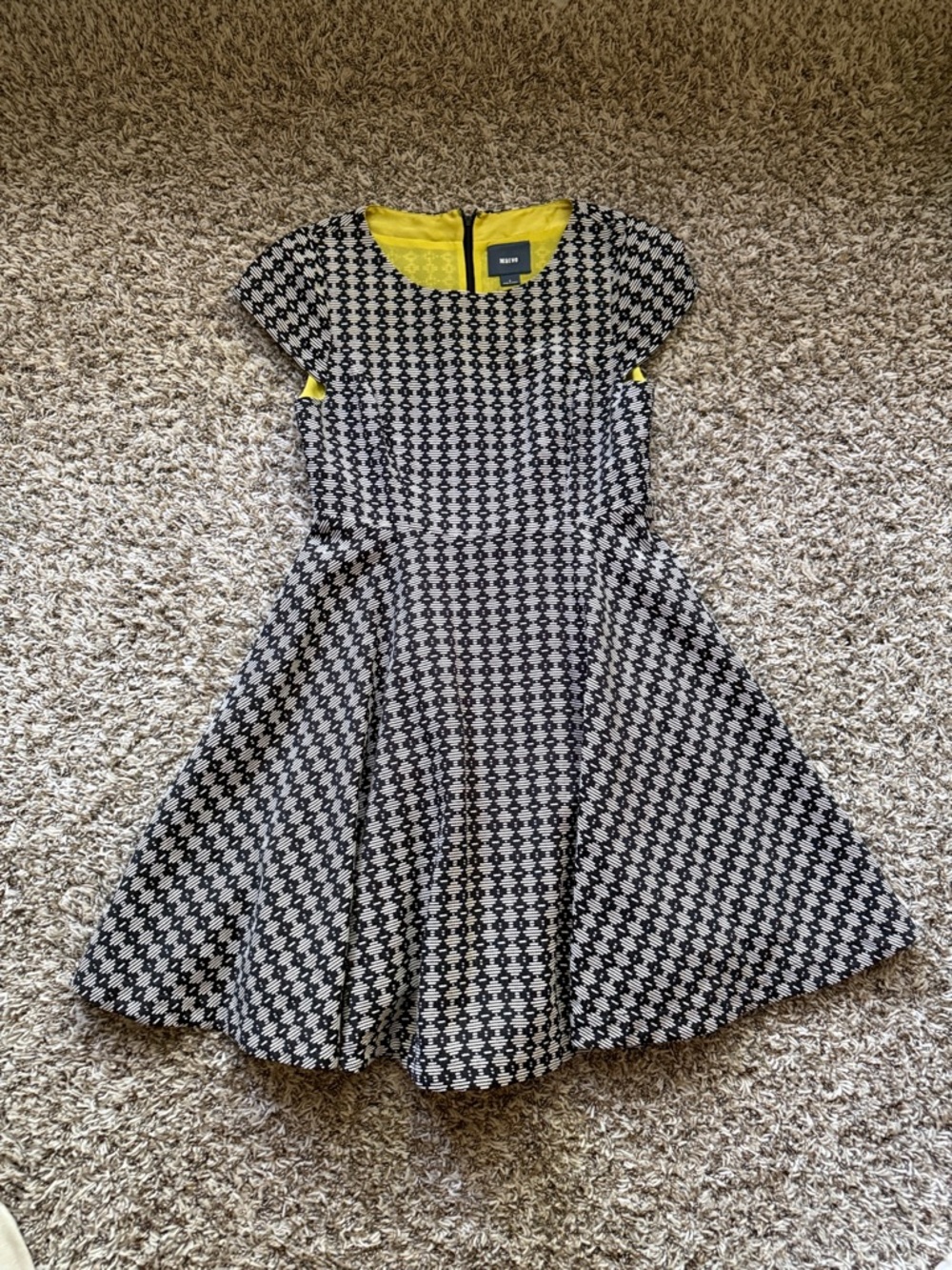 Maeve Navy & White Patterned Dress with Yellow Lining